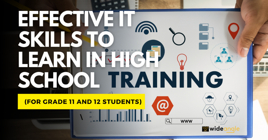 An engaging image showcasing various IT skills for high school students, including programming, web development, graphic design, cybersecurity, data management, networking, mobile app development, cloud computing, digital marketing, robotics, AI, video editing, ethical hacking, IoT, and game development.